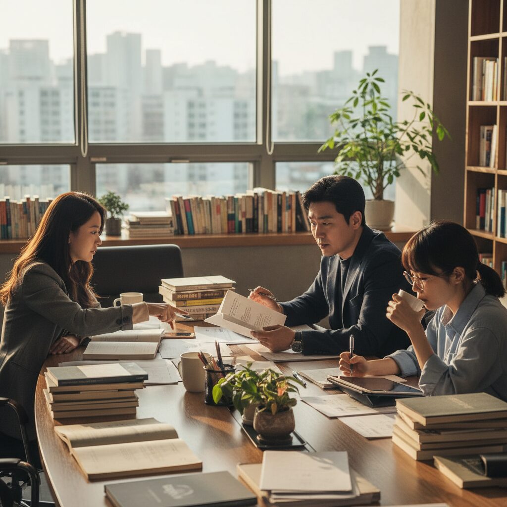 로맨스는 별책부록 출판사 편집부에서 편집자들이 책 원고를 논의하는 드라마 장면
