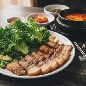 노릇하게 구워진 삼겹살이 상추와 함께 접시에 담겨 있음