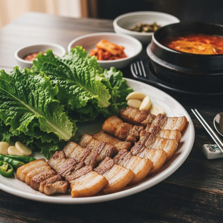 노릇하게 구워진 삼겹살이 상추와 함께 접시에 담겨 있음