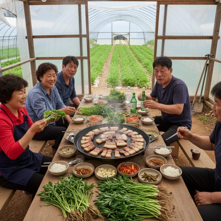 치산 미나리 재배단지 내부 식사 모습, 갓 수확한 미나리와 구운 삼겹살이 테이블 위에 놓여 있음