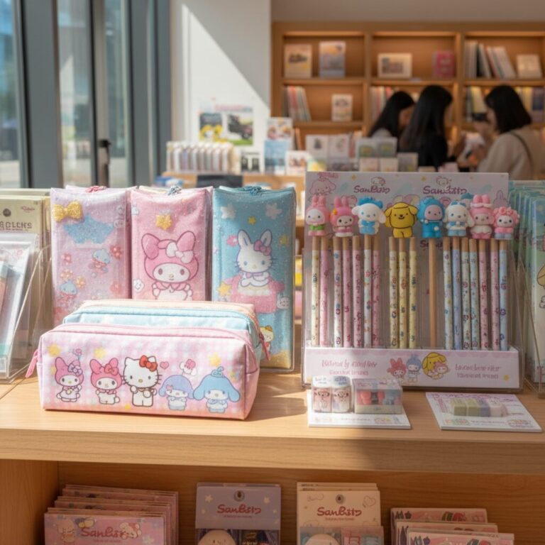 산리오 캐릭터들이 그려진 예쁜 필통과 연필 세트가 진열되어 있는 모습