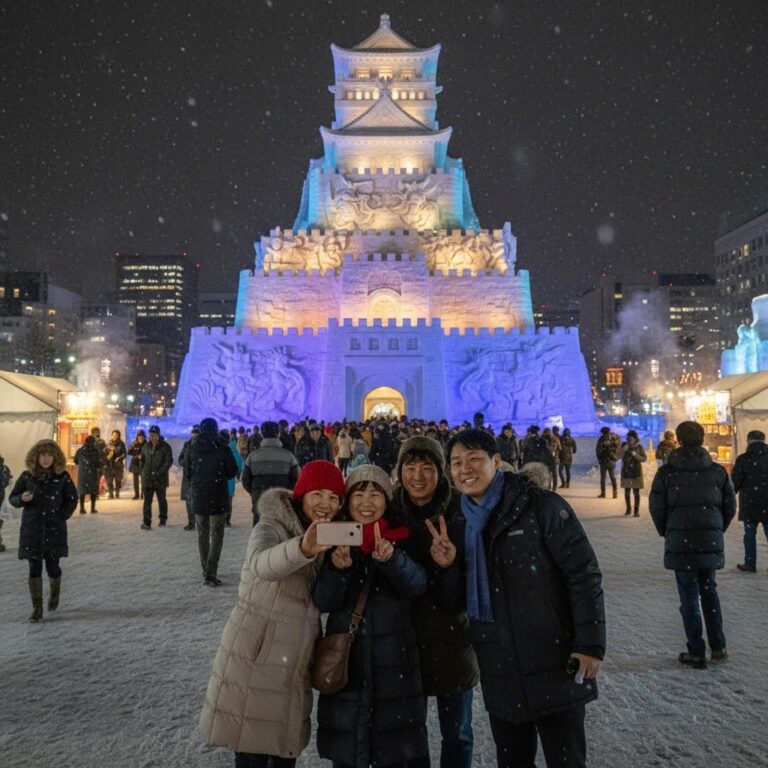 밤에 조명이 비치는 삿포로 눈 축제의 거대한 눈 조각상