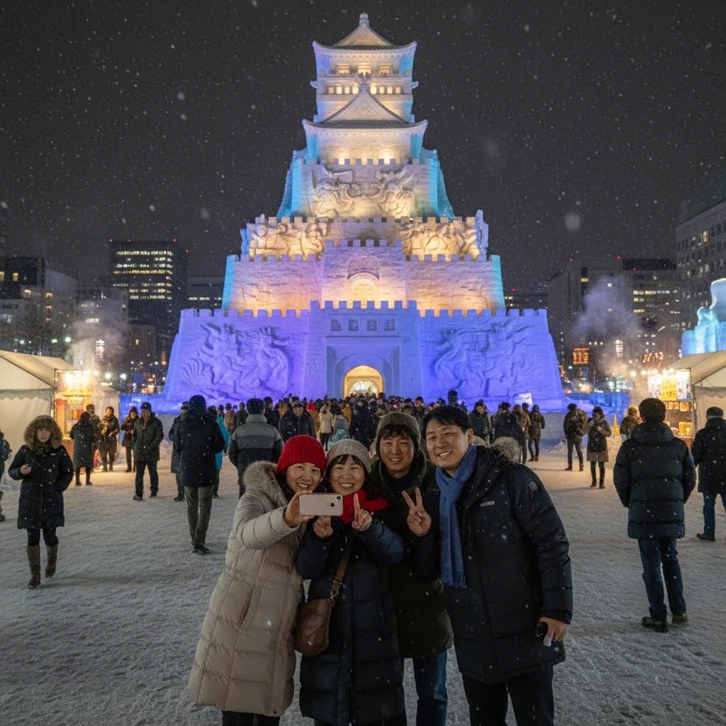 2026년 2월 축제 추천 한국과 일본의 겨울 밤에 조명이 비치는 삿포로 눈 축제의 거대한 눈 조각상
