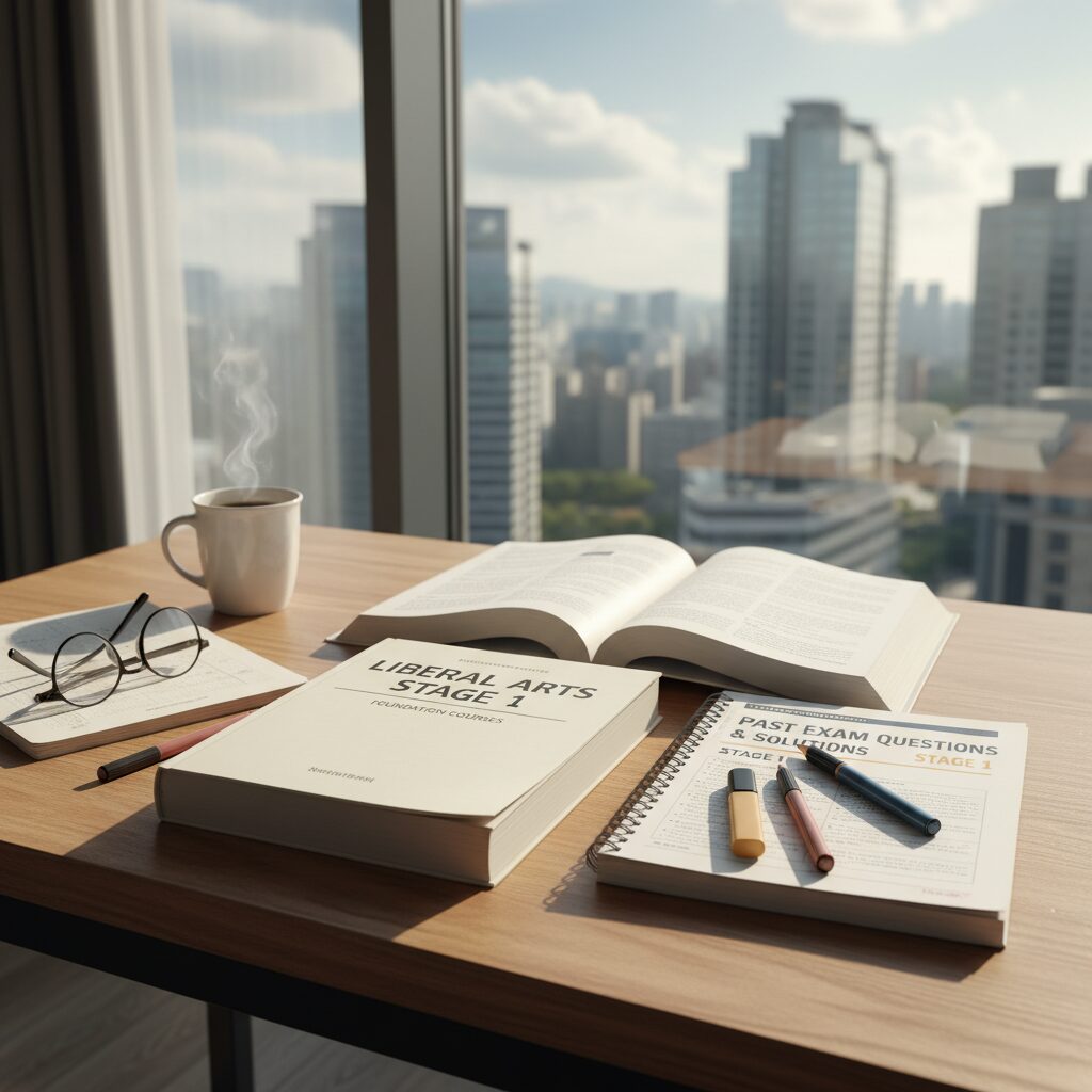 독학사 1단계 교재와 기출문제집이 책상 위에 놓여 있는 모습