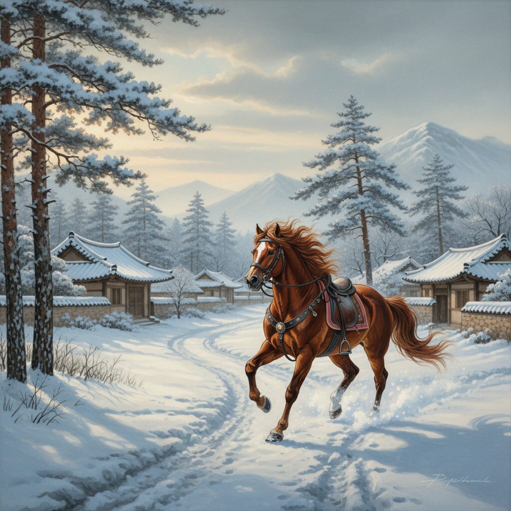 AI로 생성된 눈 덮인 길과 붉은 말이 달리는 한국화 풍의 설날 이미지
