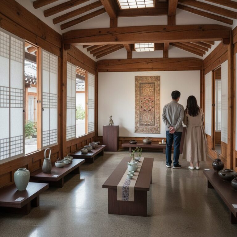 북촌 한옥마을에 위치한 한식문화공간 이음의 차분한 내부 전시장 모습