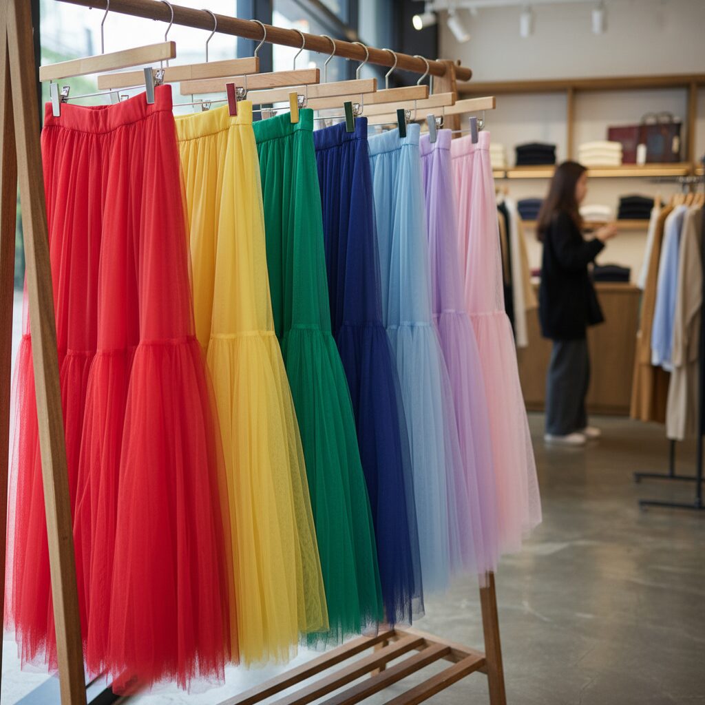 여러가지 색상의 롱 플레어 샤스커트가 걸려있는 옷걸이