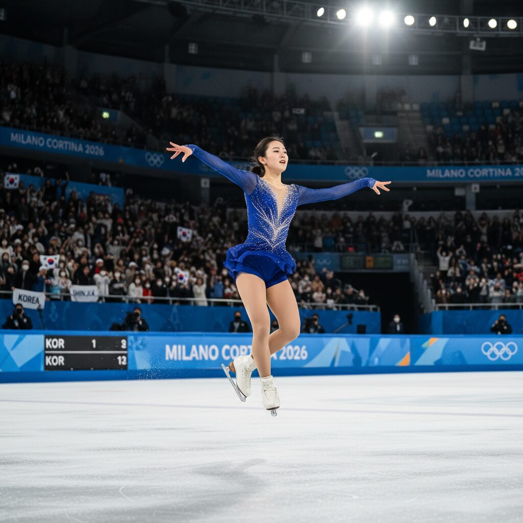 신지아 선수가 2026 밀라노 올림픽 단체전 쇼트프로그램에서 트리플 점프를 성공시키는 장면