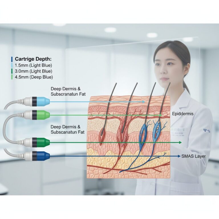슈링크 카트리지의 다양한 깊이별 피부 층별 타겟팅을 설명하는 다이어그램