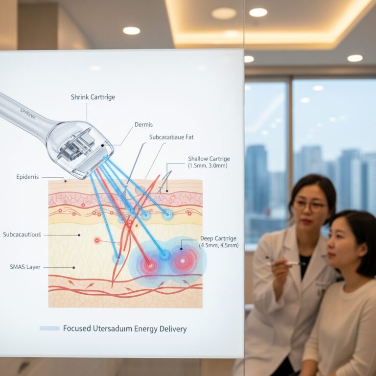 슈링크 카트리지가 피부 다른 깊이의 층에 에너지를 전달하는 것을 보여주는 다이어그램