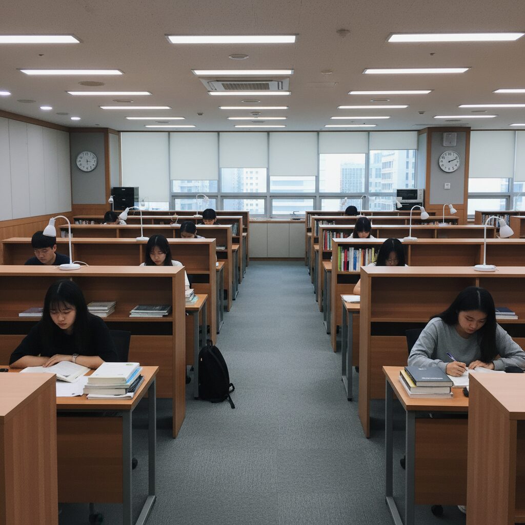 신촌 메가스터디 학원 내부의 넓고 조용한 독서실형 자습실 모습