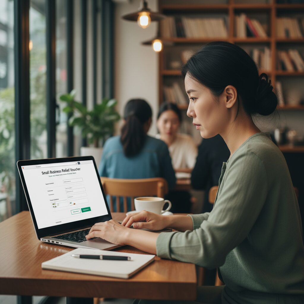 소상공인이 노트북으로 경영안정바우처 신청 사이트를 방문하는 모습