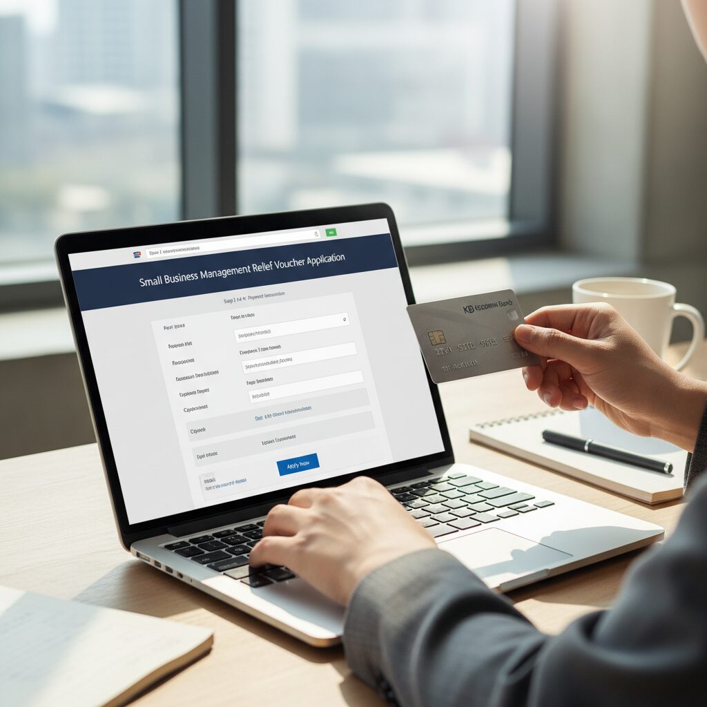 소상공인 경영안정 바우처 신청을 위한 노트북 화면과 카드 사진