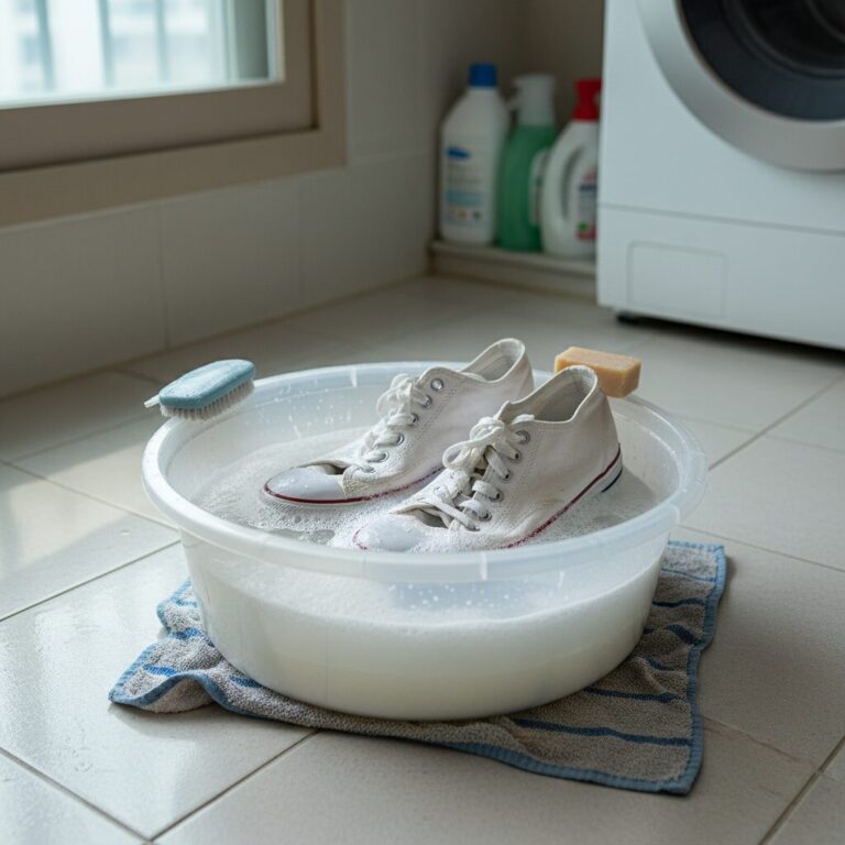 베이킹소다 용액에 담가 불리고 있는 중학생 실내화