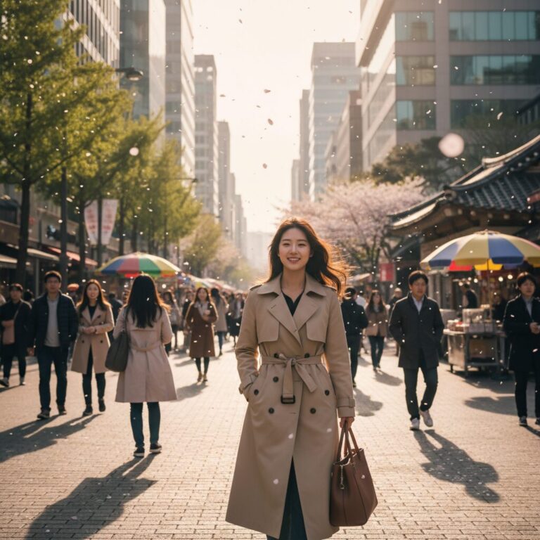 봄바람이 부는 도시 풍경과 코트를 입은 사람