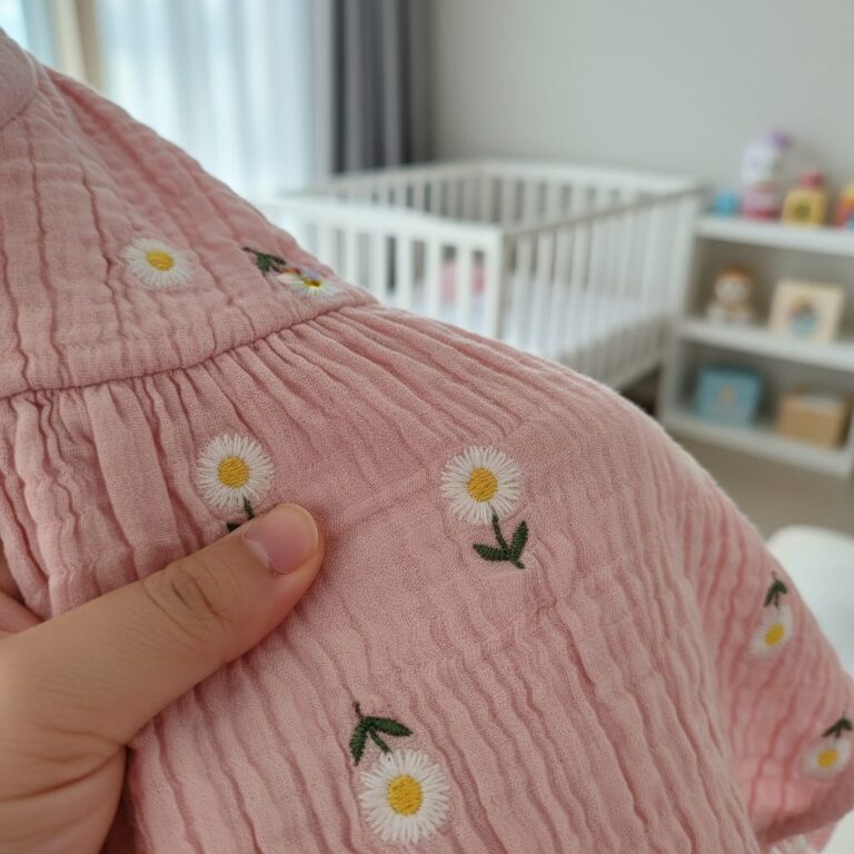 핑크색 어린이 원피스 소재를 자세히 보여주는 사진