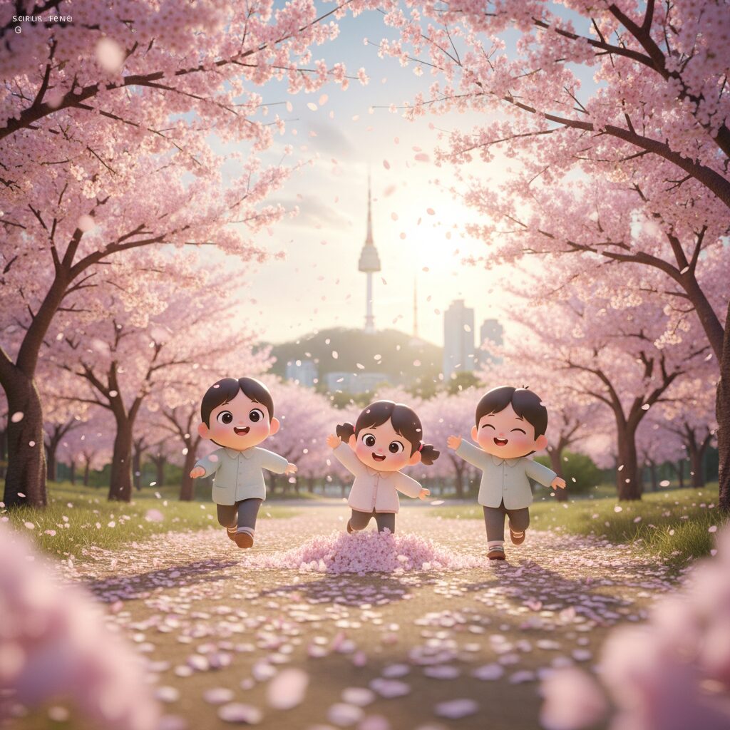 벚꽃이 흩날리는 배경에서 귀여운 캐릭터가 뛰노는 봄 배경화면 예시