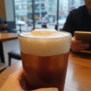 스타벅스 에어로카노의 크리미한 거품층과 투명한 커피층이 보이는 모습