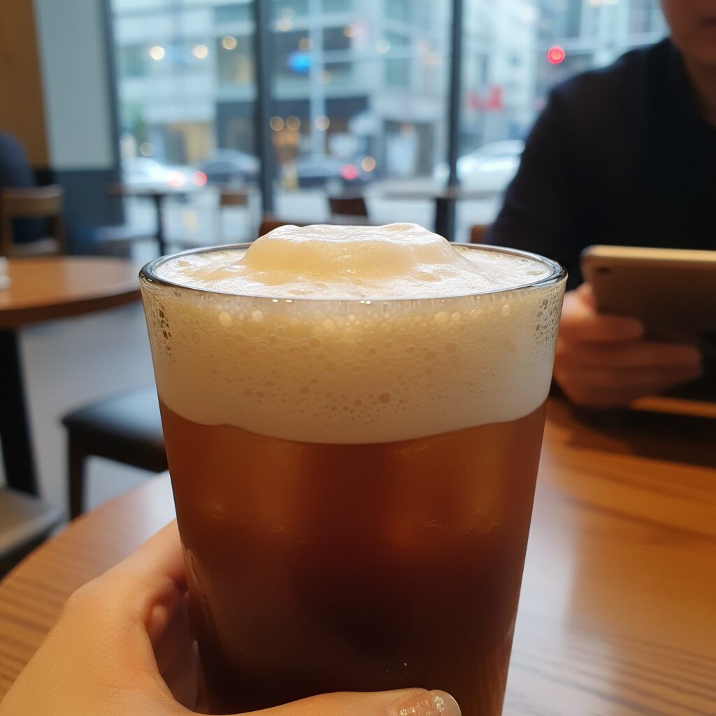 스타벅스 에어로카노 특징 가격 할인 정보 스타벅스 에어로카노의 크리미한 거품층과 투명한 커피층이 보이는 모습