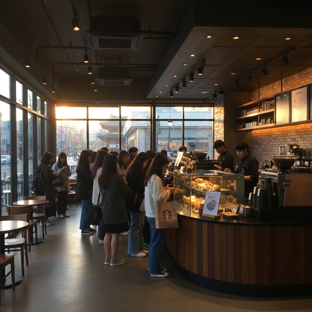 스타벅스 리저브 광화문점에서 두쫀롤을 구매하기 위해 길게 선 줄