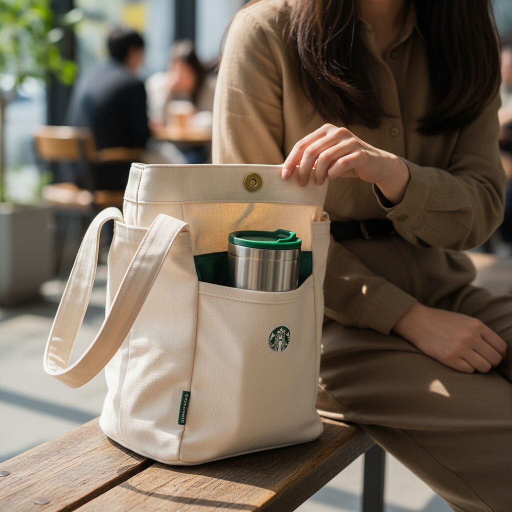 스타벅스 별별꾸러미 토트백의 자석 단추와 텀블러 수납칸 디테일