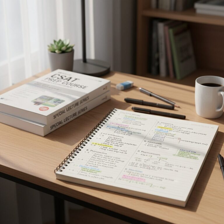 수능특강 교재와 노트가 놓인 책상에서 구조화된 필기 예시