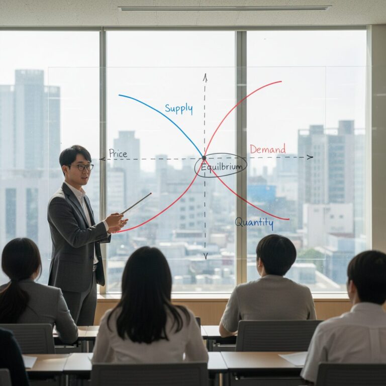 수요 공급 곡선이 만나 균형점을 이루는 그래프