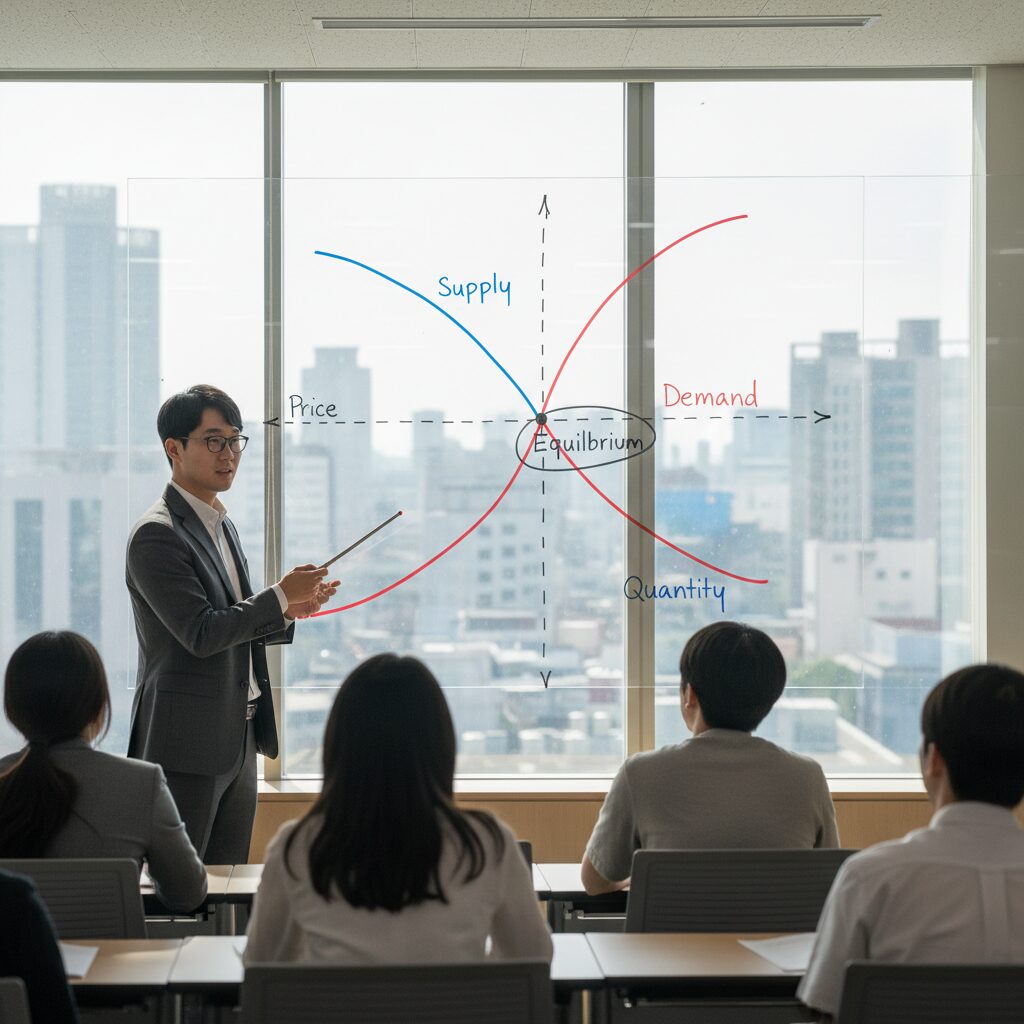 수요 공급 곡선이 만나 균형점을 이루는 그래프