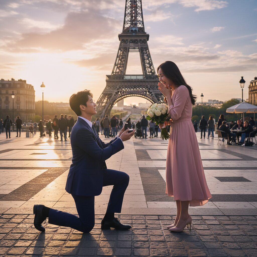 옥택연 프랑스 파리 에펠탑 앞에서 무릎 꿇고 프러포즈하는 모습