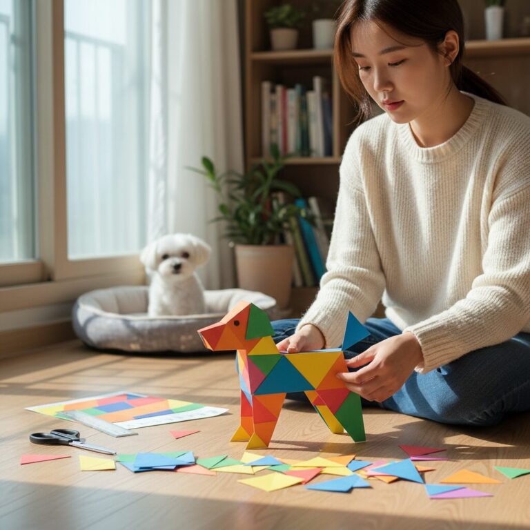 색종이로 만든 칠교판 조각들로 강아지 모양을 만들고 있는 모습