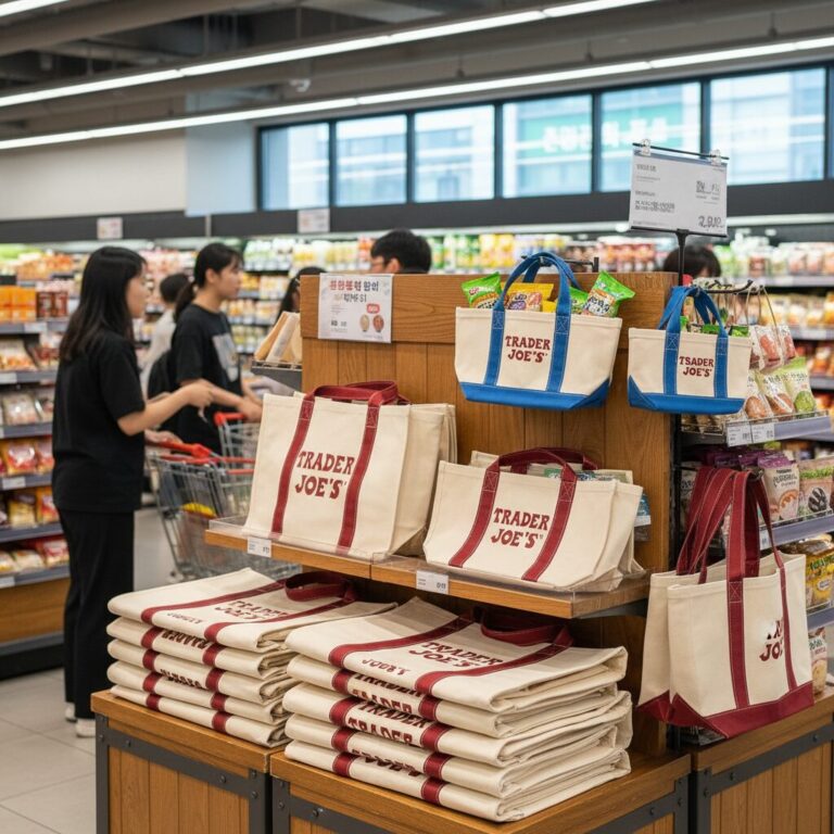 트레이더조 에코백 라지 사이즈와 미니 사이즈 진열 모습