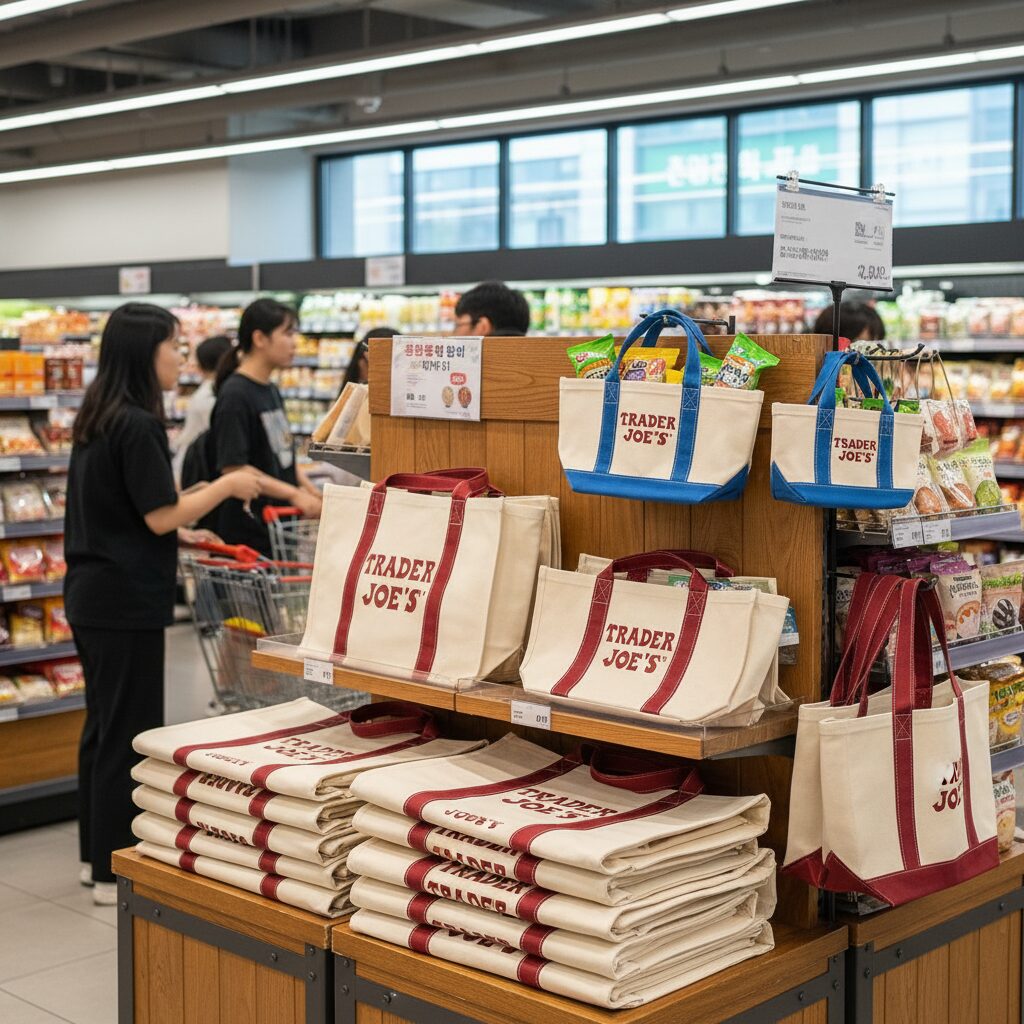 트레이더조 에코백 모든 것 인기 이유와 구매 방법 트레이더조 에코백 라지 사이즈와 미니 사이즈 진열 모습