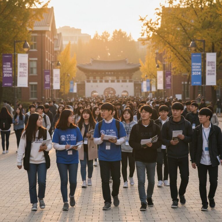 대학교 OT 행사에서 신입생들이 교정을 걸으며 안내를 받고 있는 모습