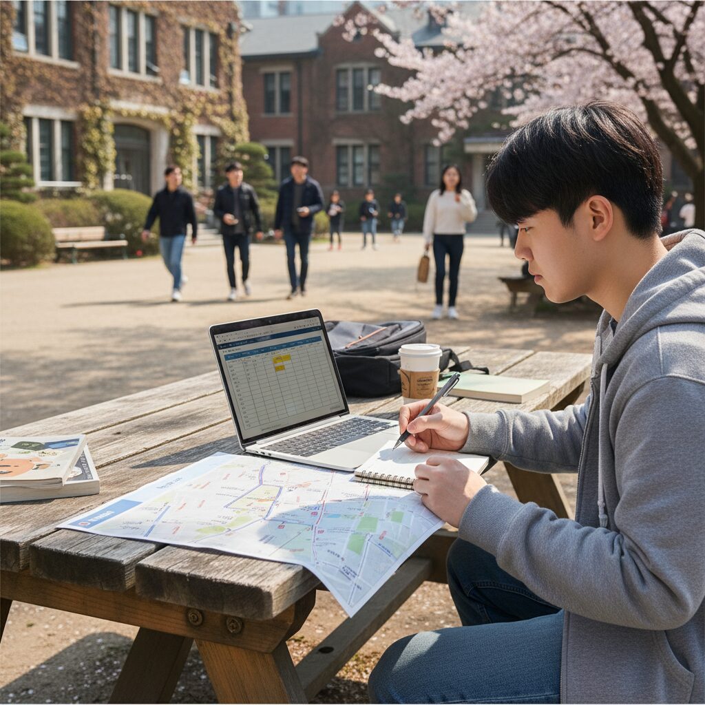 대학생이 노트북과 캠퍼스 지도를 보며 시간표를 작성하고 있는 모습