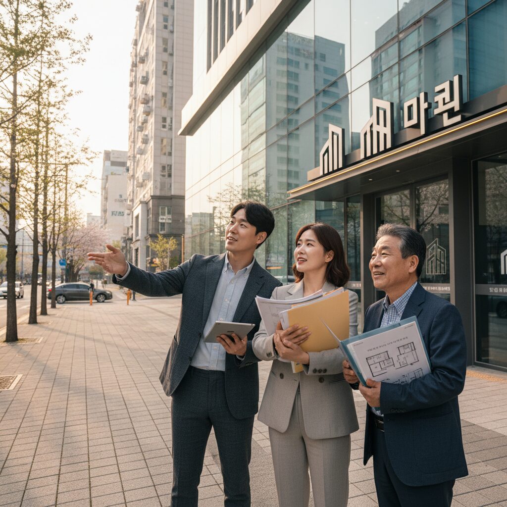 정리된 서류를 들고 분양사무소를 바라보는 사람들의 모습