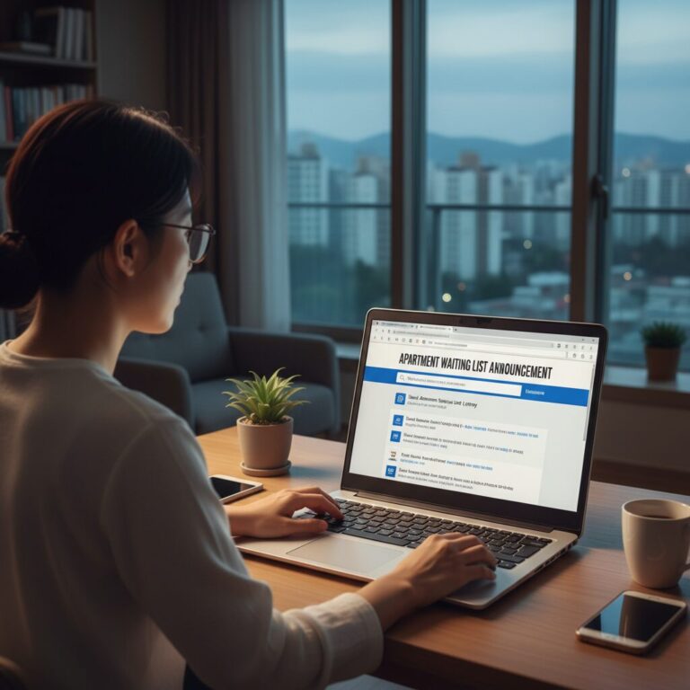 노트북 화면에서 아파트 무순위 공고를 검색하는 모습