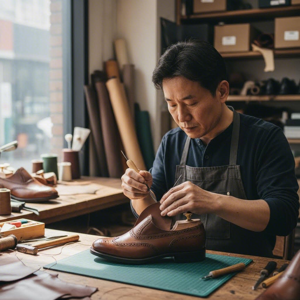 빈센트앤코 장인이 가죽을 손으로 스티치하여 신발을 만드는 과정