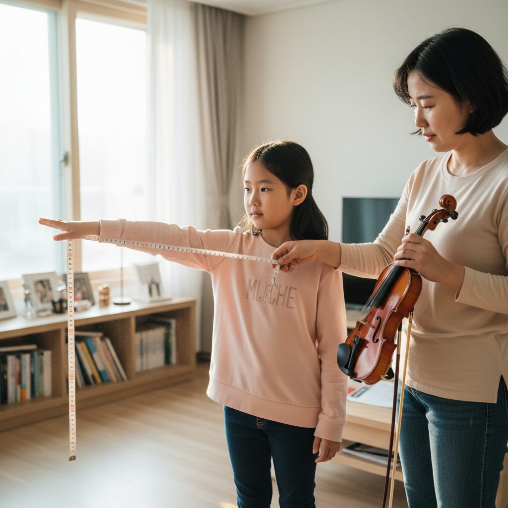 방과후 바이올린 시작을 위한 구매와 교육 길잡이 초등학생이 바이올린 사이즈를 측정하는 방법 팔 길이 재기