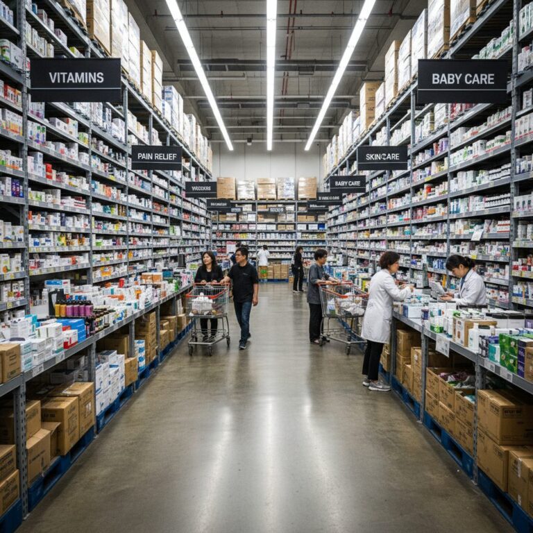 창고형 약국 내부의 넓은 공간과 진열된 상품들