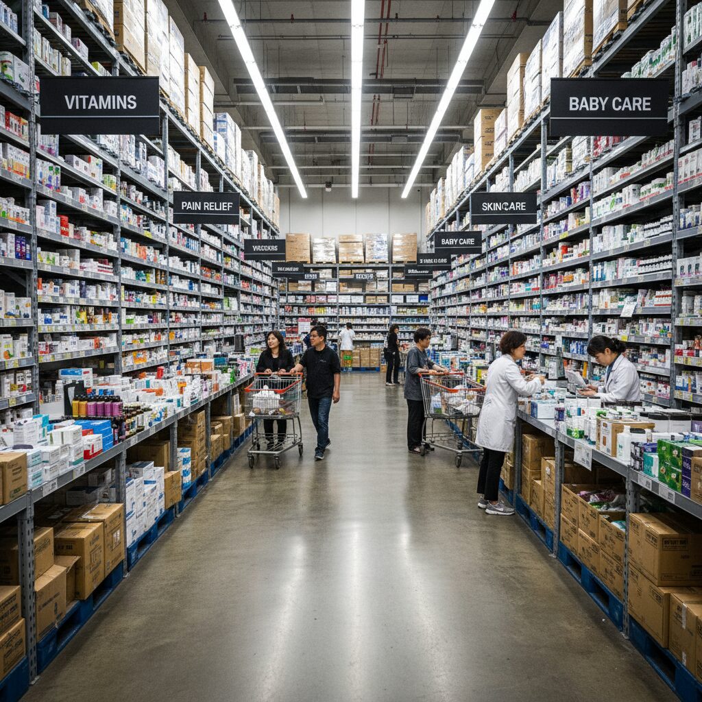 창고형 약국 내부의 넓은 공간과 진열된 상품들