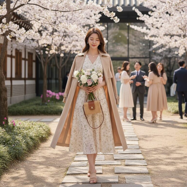 봄 결혼식을 위한 베이지색 트렌치코트와 원피스 하객룩