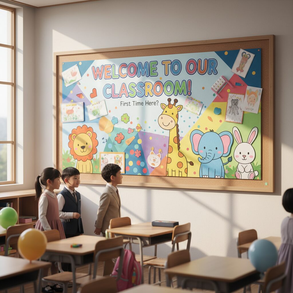 입학식 환경판 예시로 어서와 우리반은 처음이지 문구와 귀여운 동물 그림이 그려져 있는 컬러풀한 도안