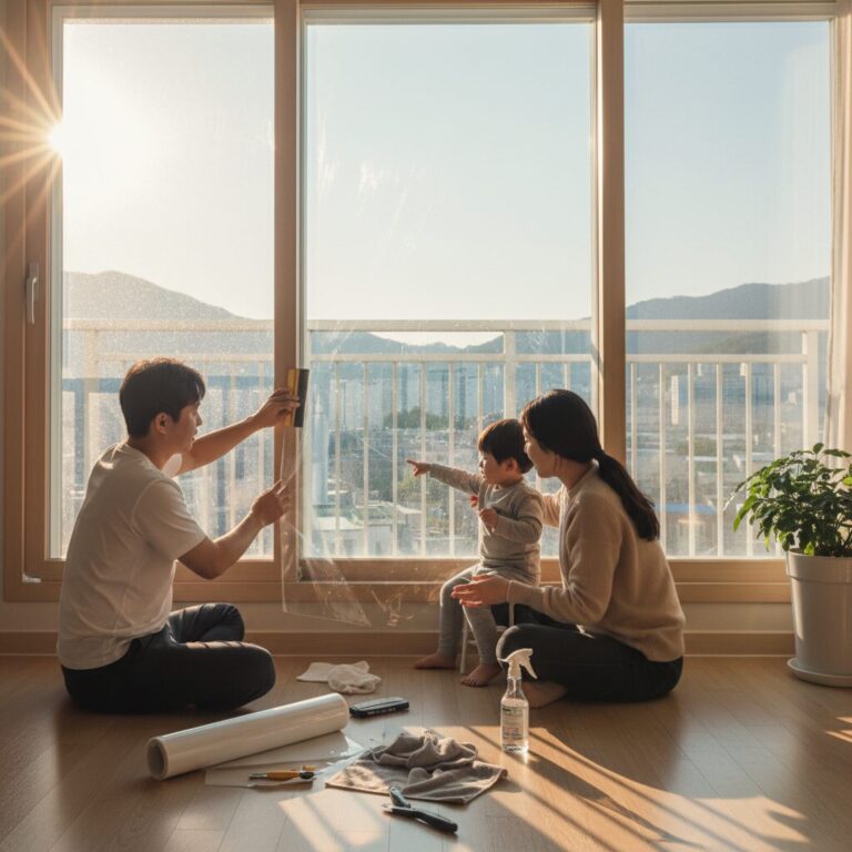 창문에 단열필름을 붙이는 과정을 보여주는 사진