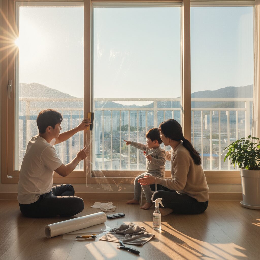 창문에 단열필름을 붙이는 과정을 보여주는 사진