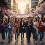 3월 8일 국제 여성의 날 의미와 다양한 여성 정책 보라색 손목띠를 찬 참가자들이 함께 길을 걸으며 국제 여성의 날을 기념하는 모습