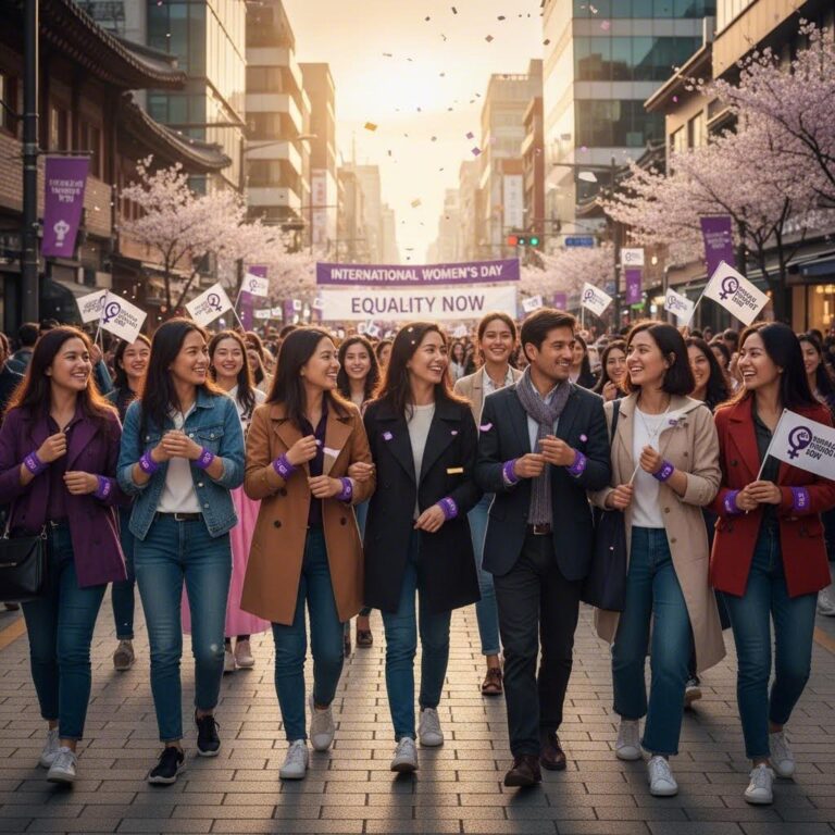 보라색 손목띠를 찬 참가자들이 함께 길을 걸으며 국제 여성의 날을 기념하는 모습