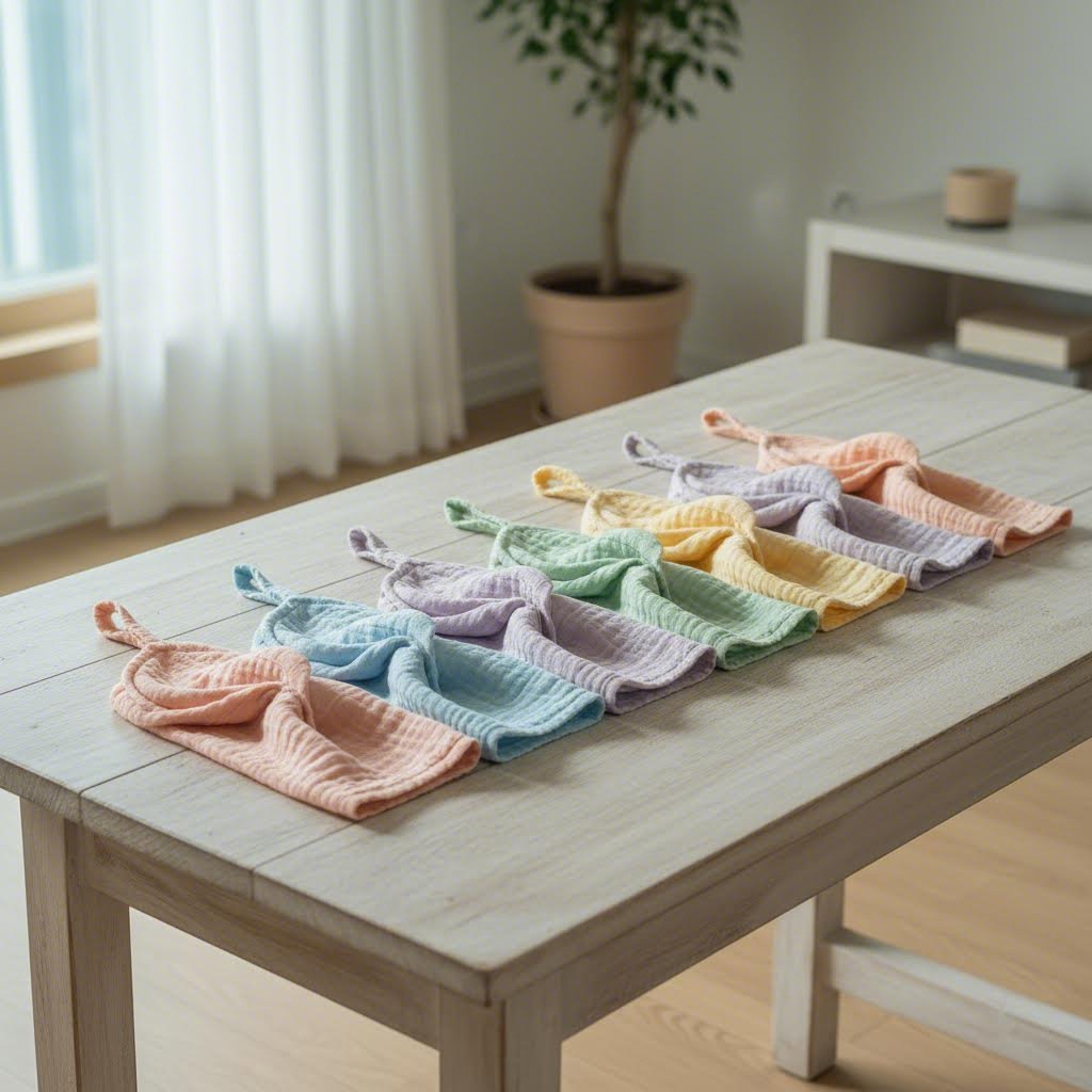 거즈고리수건 선택하는 방법과 추천 제품 비교 파스텔 색상의 다양한 요루거즈 고리수건 여섯 개가 나란히 놓여 있는 모습