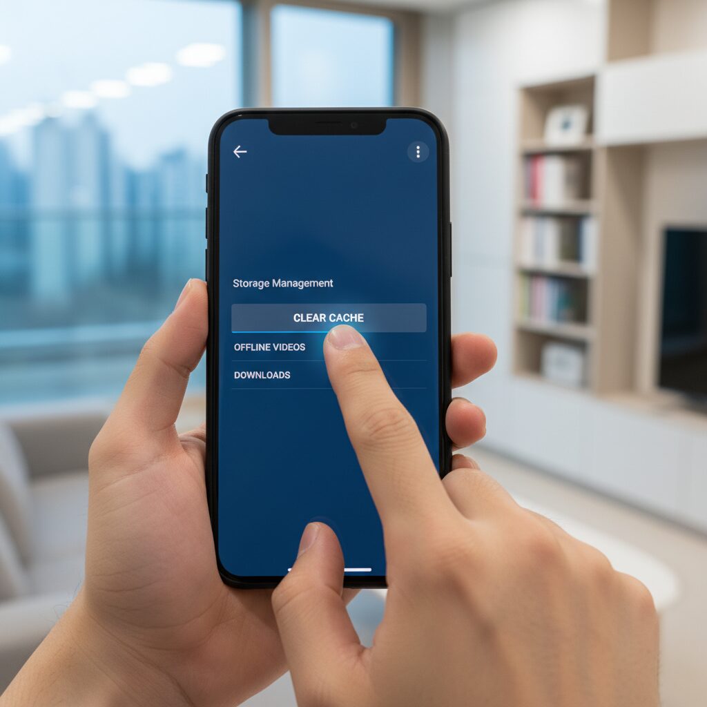 유튜브 앱의 저장공간 관리 화면에서 캐시 삭제 버튼을 누르는 모습