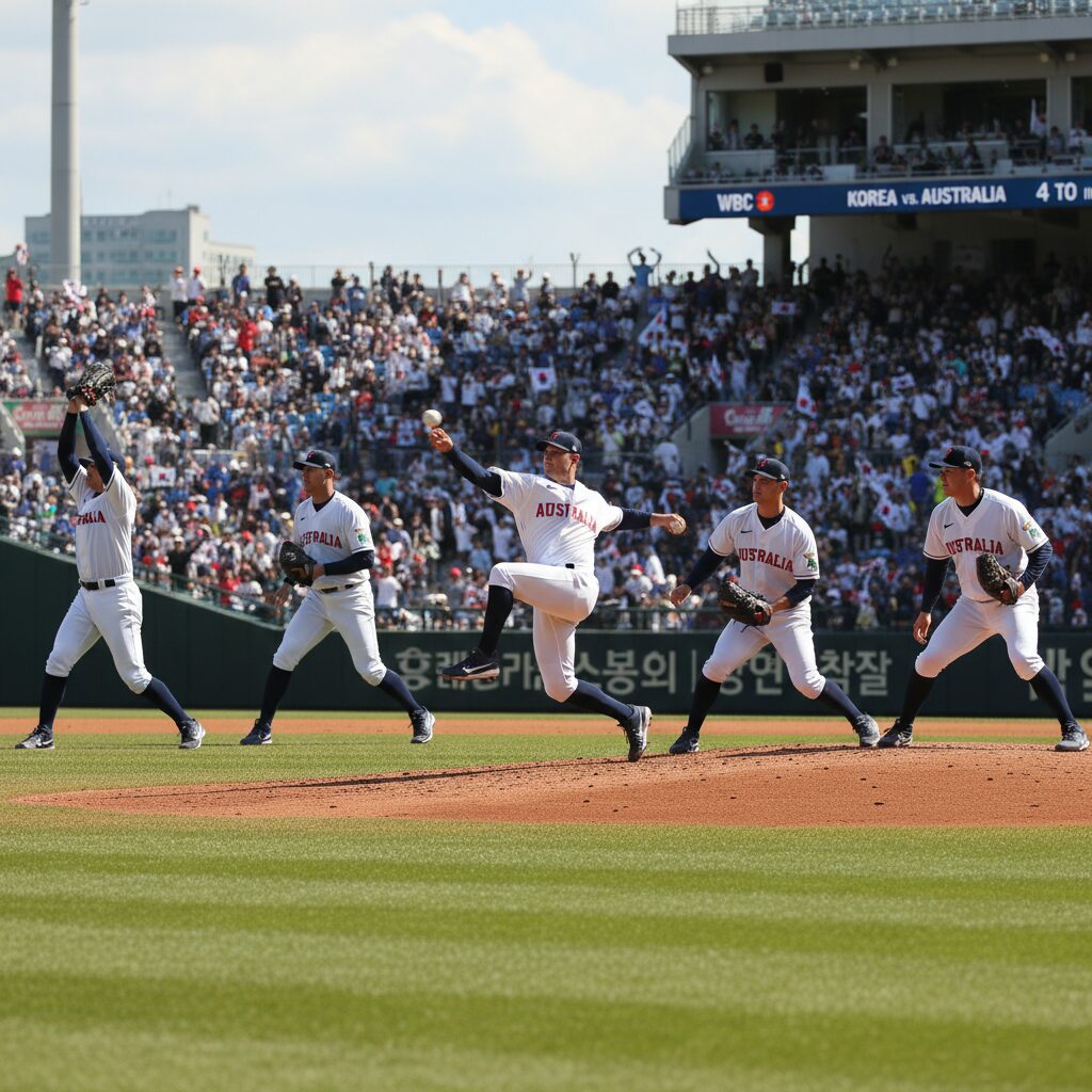 잭 오러클린이 WBC 한국전에서 투구하는 연속 동작 사진