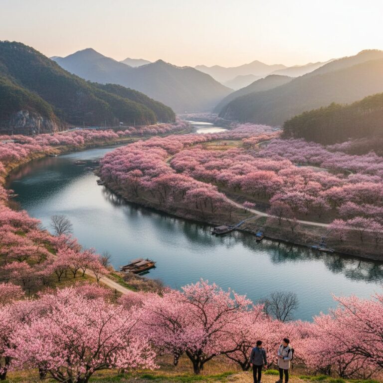 섬진강을 배경으로 흐드러지게 핀 분홍색 매화나무 군락 풍경